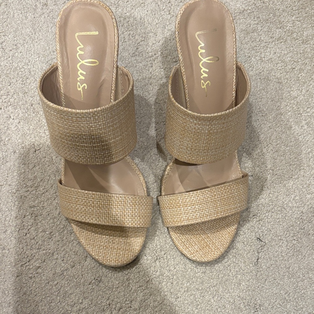 Lulu's Tan Woven Double-Strap Slide wedge Sandals, size 8